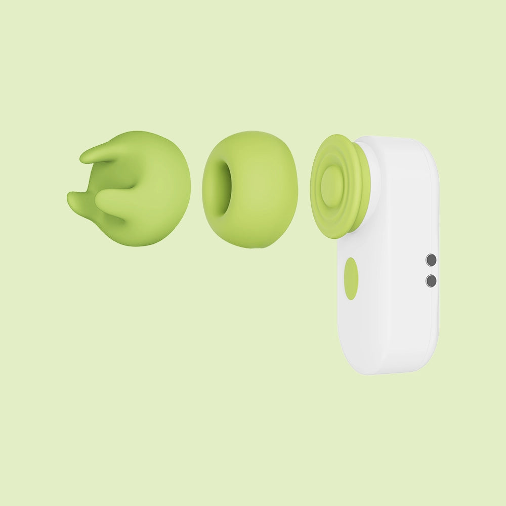 3D rendered avocado green nipple toy with two interchangeable heads, designed as versatile nipple vibrator