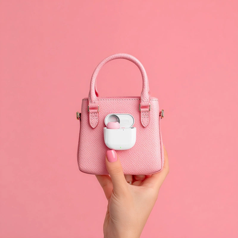 Hand holding a small bag with a nipple toy, showing the toy’s compact and portable design