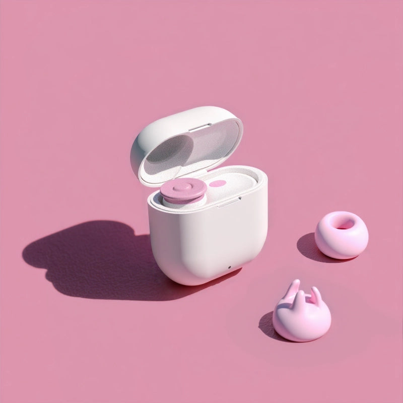 AirPods-style case opened showing nipple toy inside, with interchangeable heads placed next to it.