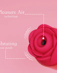 Close-up view of the rose toy head highlighting the suction design and soft texture, with product feature descriptions displayed beside, premium rose sex toy and rose vibrator for discreet intimate pleasure