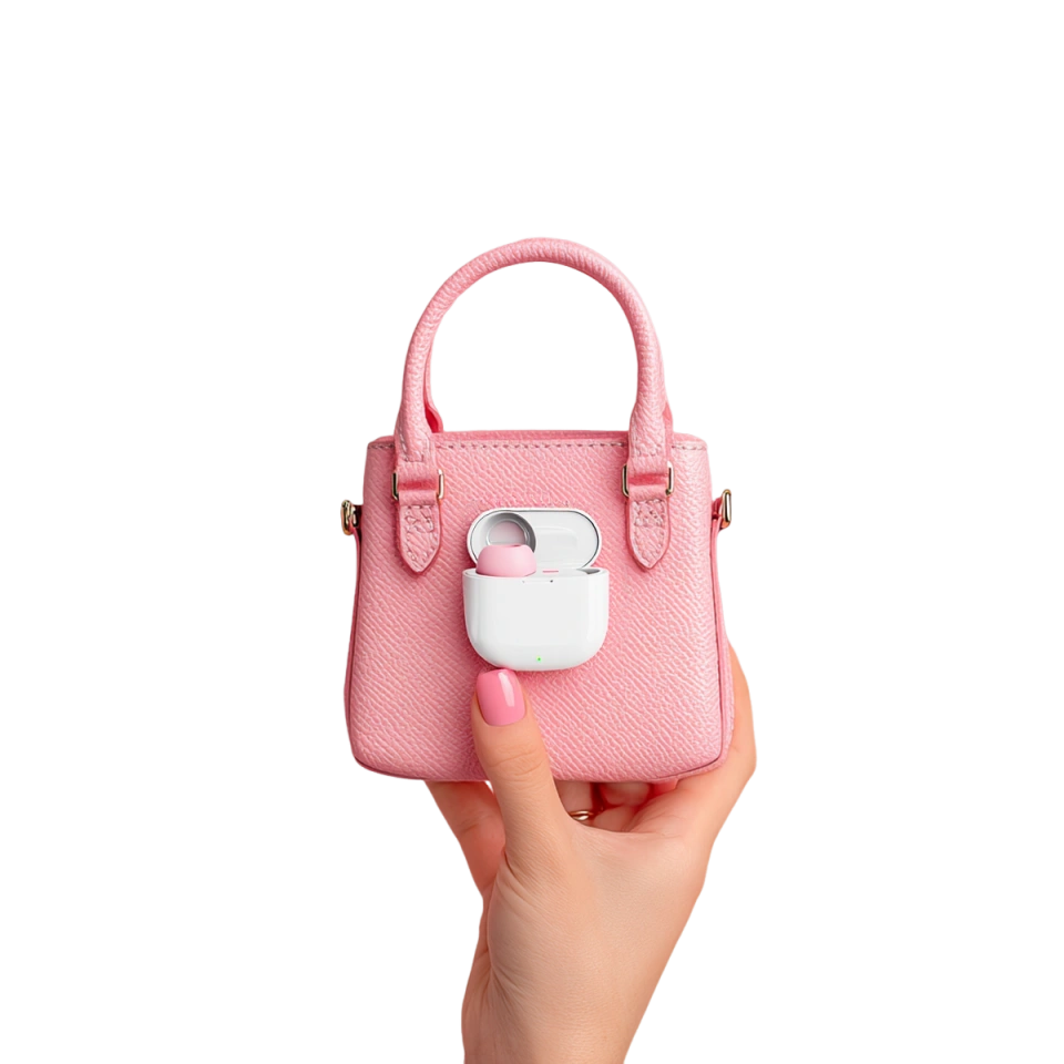 Hand holding a small stylish bag with a nipple toy and interchangeable heads, highlighting portable nipple vibrator design
