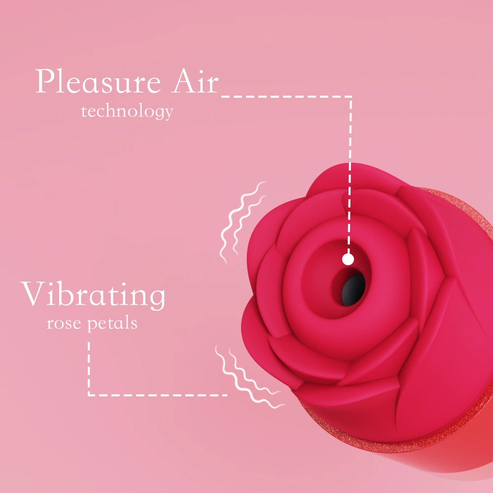 Close-up view of the rose toy head highlighting the suction design and soft texture, with product feature descriptions displayed beside, premium rose sex toy and rose vibrator for discreet intimate pleasure